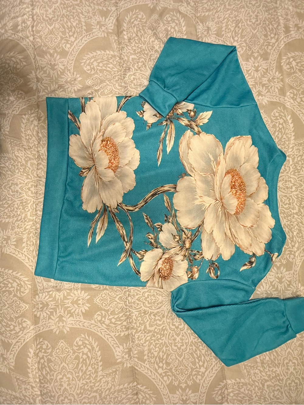 Teal Floral Embroidered Sweater with White & Gold Accents